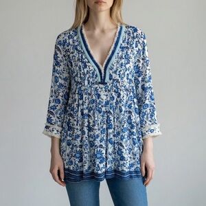 Poupette St Barth Dress Small Blue Floral Fringe Long Sleeve Resort Mini Boho